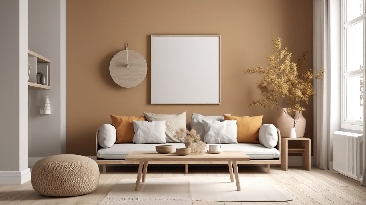 Interior of modern living room with beige sofa, coffee table and plants
